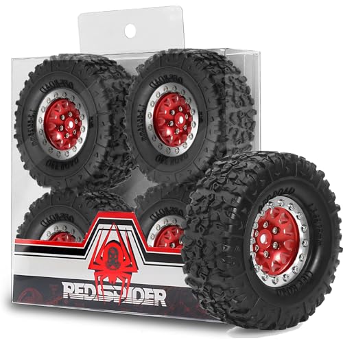 REDSPIDER 1.3 Aluminium Alloy Beadlock Wheels and Crawler Tires 1/24 RC Muddy Swamp Tyre 7mm Hex Fit for 1/18 1/24 Axial Trx4m SCX24 AX24 FCX24 RC Crawler XC-1 RTR CR-18P EVO (Red) - color: Red