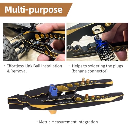 AllinRC RC Shock Pliers Multifunction Shocks Tools Rod Ball Clamp RC Shock Shaft Pliers for Traxxas Arrma Axial Redcat Hpi Cars Trucks Crawler Buggy On/Off Road (Black gold)