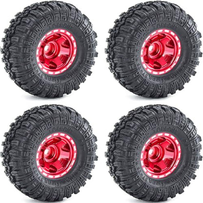 1.0 Beadlock Wheels and Tires Set 57 x 24 mm 1.0 inch Rubber Rock Crawler Tires & Alloy Blade Wheels for 1/18 1/24 Axial SCX24 TRX4M Gladiator Bronco C10 JLU Deadbolt RC Crawler Upgrade (Red) - color: Red