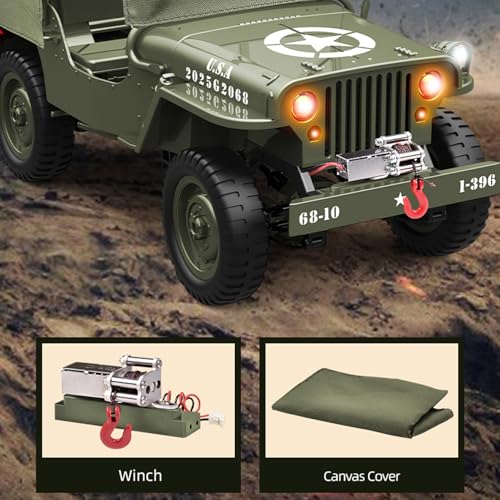 RC Military Truck, 1:10 Scale Remote Control Car, 2.4GHz 4WD Off Road RC Rock Crawler, All Terrain RC Crawler Army Vehicle with LED Lights, Winch, Canvas Cover and 2 Batteries for Adults
