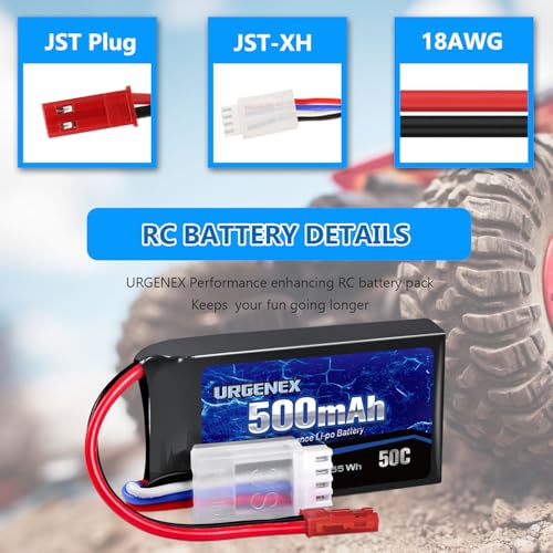 11.1V 500mAh Lipo Battery 3S 50C High Discharge Rate RC Battery Pack with JST Plug Rechargeable Lipos for RC Airplane Racing Drone Helicopter Quadcopter Micro FPV RC Car Truck Boat (2 Packs)