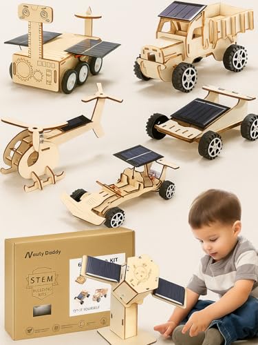 6-in-1 Solar STEM Building Kit, Wooden DIY Construction Set with Satellite, Helicopter, Cars, Educational Science Toy for Kids Ages 6-14 Years (1)