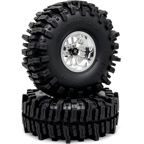 HOBBYSOUL 5.9'' Tall Mud Slingers XL RC 2.2 beadlock Wheels and Tires Set | -11mm negative offset silver beadlock wheel rims, T8 Compound Tire, For 1/10 RC Crawlers Truck Upgrades - color: Silver, size: 150mm / 5.9inch Tall