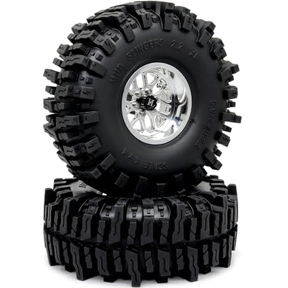 HOBBYSOUL 5.9'' Tall Mud Slingers XL RC 2.2 beadlock Wheels and Tires Set | -11mm negative offset silver beadlock wheel rims, T8 Compound Tire, For 1/10 RC Crawlers Truck Upgrades - color: Silver, size: 150mm / 5.9inch Tall