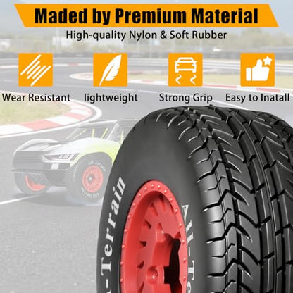 1/10 RC Short Course Truck Rubber Tires & Nylon Rims - 12mm/17mm Hex, Red | All-Terrain Tires and Wheels Compatible with 1/10 Traxxas Slash 4WD 2WD Arrma Senton Axial Losi Redcat RC Buggy, 4-Pack - color: Red