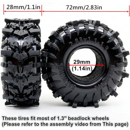 1.3" RC Crawler Tires - 72mm Batwings 4-Pack Fits TRX4M SCX24 | Super soft sticky mud tires with foam inserts, upgrade for 1/18 TRX4M High Trail & 1/24 micro off-road RC crawlers
