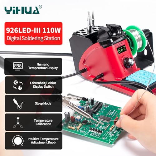 YIHUA 926 III 110W Soldering Iron Station Kit with LED Display, 2 Helping Hands, 3 Extra Iron Tips, 35g Lead-Free Solder, Solder Sucker, S/S Tweezers, °C/°F Conversion, Calibration & Sleep Features