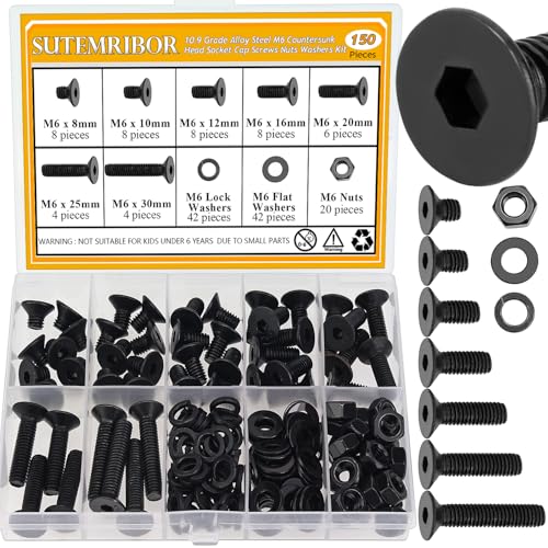 150 Pieces M6 Screws Nuts Washers Set Black, Sutemribor M6 x 8/10/12/16/20/25/30mm Countersunk Head Socket Cap Screws Nuts Washers Assortment Kit, 10.9 Grade Alloy Steel, Fully Threaded - size: M6, style: Countersunk Head Socket Cap