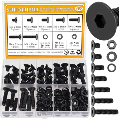 150 Pieces M6 Screws Nuts Washers Set Black, Sutemribor M6 x 8/10/12/16/20/25/30mm Countersunk Head Socket Cap Screws Nuts Washers Assortment Kit, 10.9 Grade Alloy Steel, Fully Threaded - size: M6, style: Countersunk Head Socket Cap