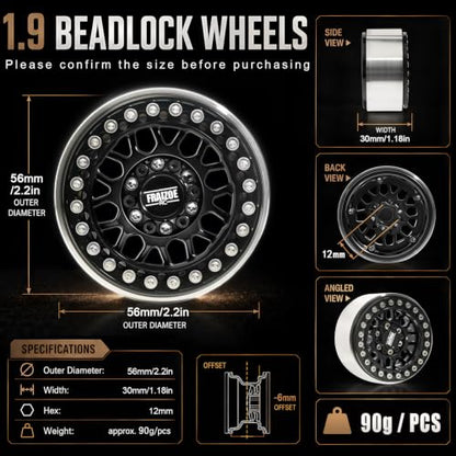 4PCS 1.9" RC Beadlock Wheels with12mm Hex & -6mm Offset Aluminum 30mm Wide Rims for 1/10 RC Crawler, Compatible with TRX4 TRX6 SCX10 SCX10 II III Gen8 RC4WD D90 90046 AXI03007 - color: Black-Black