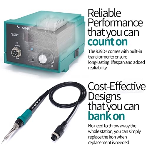 YIHUA 939D+ Digital Soldering Station, 75W Equivalent with Precision Heat Control (392°F to 896°F) and Built-in Transformer. ESD Safe, Lead Free with °C/°F display (Green) - color: Green