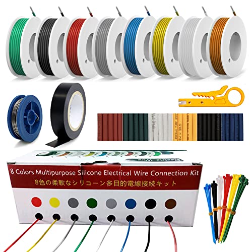26AWG 8 Colors Silicone Electrical Wire Kit Hook Up Cable for Electronics DIY Working Solid Wire Spool and Lamps, Home Appliances, Batteries, Electronic, etc. Included Tools (8x33ft Solid) | DIY Working Solid Wire Spool and Lamps, Home Appliances, Batteri
