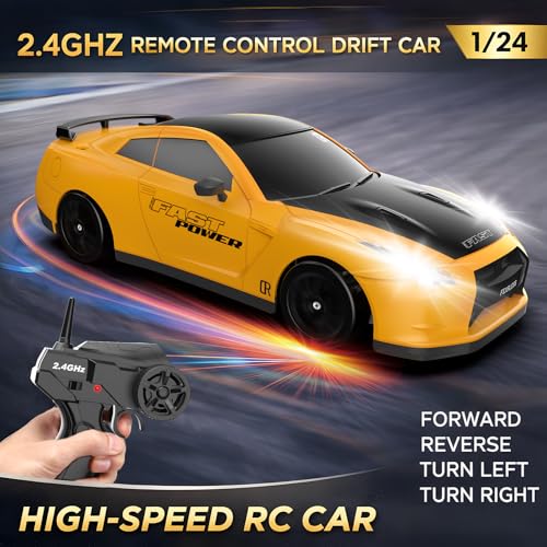 Remote Control Car RC Drift Car 2.4GHz 1:24 Scale 4WD 20KM/H High Speed Model Vehicle with LED Lights Drifting Tire Racing Sport Toy Car for Adults Boys Girls Kids Gift - color: E-yellow