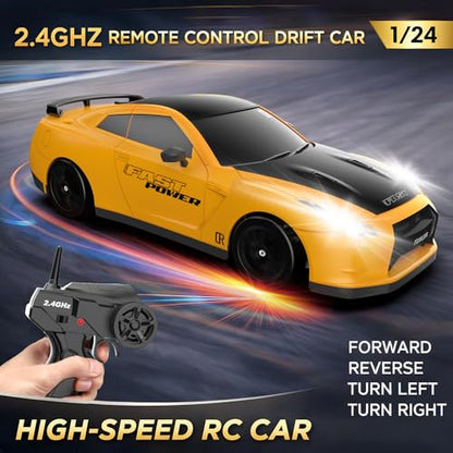 Remote Control Car RC Drift Car 2.4GHz 1:24 Scale 4WD 20KM/H High Speed Model Vehicle with LED Lights Drifting Tire Racing Sport Toy Car for Adults Boys Girls Kids Gift - color: E-yellow