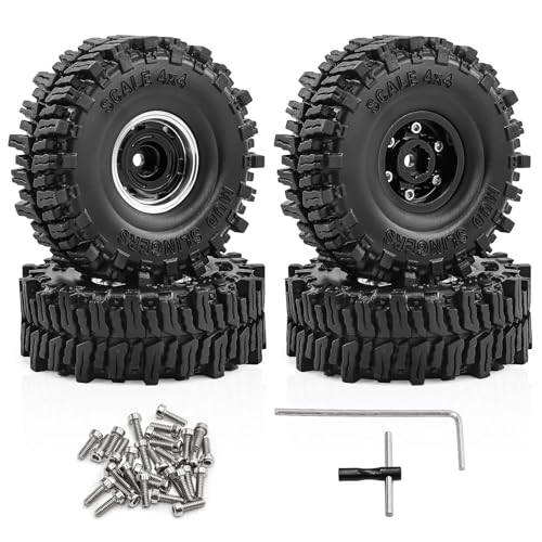 1.0" Beadlock Aluminum Wheels and 64mm Soft Rubber Tires | for SCX24, TRX4M, Ascent 18, FCX24, 1/18 1/24 RC Crawler, 7mm Hex, 0mm Offset, with Foam Inserts, (Black 102) - color: Black 102