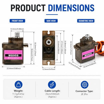 MG90S 9g Micro Servo Motor Metal Gear Mini Servo 180 Degree or RC Car Robot Helicopter Arduino Project DIY(Pack of 4)