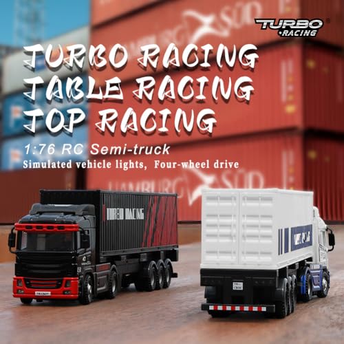 FLYCOLOR Turbo Racing 1:76 C50 RTR Tractor Remote Control Truck Four-Wheel Drive Simulated Headlights 10CH Minicar Model(White-Blue) - color: White-truck