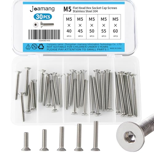 M5 x 40mm 45mm 50mm 55mm 60mm Flat Head Hex Socket Cap Screws Countersunk Bolts, Stainless Steel 304, Metric Allen Hex Drive, Bright Finish, Fully Threaded, Assortment Kit 30PCS - size: M5 x 40/45/50/55/60 mm