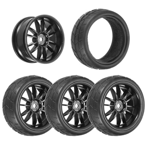 uxcell 4-Pair High-Grip RC Car Tire & Wheel Set for 1/10 Scale On-Road Touring Cars - Soft Rubber Tyres with 12mm Hubs, Black, Type H