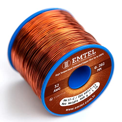 Emtel 32 AWG - 1 lb (5181 feet) 99.9% Pure Copper Wire, Enameled Magnetic Wire for Motor, Transformer, Magnetic Coil, & Electroculture Gardening, Winding Magnet Wire - 220°C (428°F) Thermal Class - style: 32 AWG