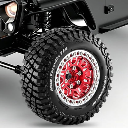 1.9" Beadlock Wheels and Tires (90mm/3.54in) for MJX Hyper Go H12Y, MN128, 1/12 RC Crawler, CNC Aluminum Wheels, Soft Rubber Tires with Foam Inserts, Installation Tool Included (Red) - color: Red