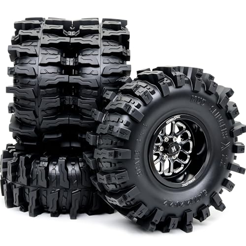 HOBBYSOUL 5.47'' Tall Mud Slingers X 2.2 beadlock Wheels and Tires 4-Pack | -11mm negative offset black beadlock wheel rims,T8 Compound Tire, For 1/10 RC Crawlers Truck Upgrades - color: Black, size: 139mm / 5.47inch Tall