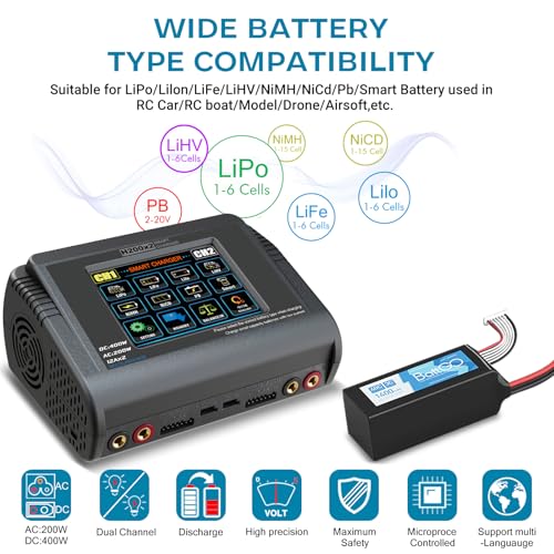 Dual LiPo Charger Touch Screen Battery Charger Discharger AC200W DC400W 12A | Fast Balance Battery Charger for 1-6S LiPo Li-ion Li-Fe LiHV 1-15S NiCD NiMH 2-20V PB Smart Batteries RC Car Boat Drone