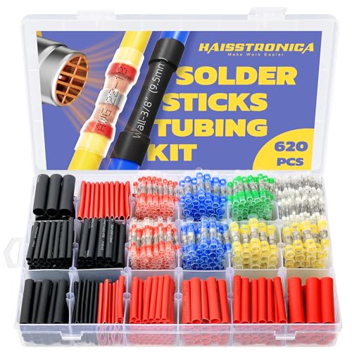 haisstronica 620PCS Solder Seal Connectors Kit with 3:1 Heat Shrink Tubing | Clear Sleeves, Wire Gauge Markings, 6 Diameters, Black and Red Assortment, 1.75-Inch Lengths, Automotive Wiring - size: 620 PCS