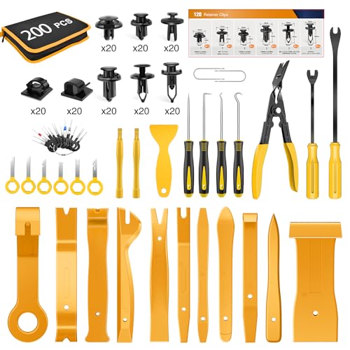 GOOACC 200Pcs Trim Removal Tool, Auto Push Pin Bumper Retainer Clip Set Fastener Terminal Remover Tool Adhesive Cable Clips Round Handle Crowbar Kit Car Panel Radio Removal Auto Clip Pliers, Yellow - color: 200Pcs Clips Removal Kit Yellow