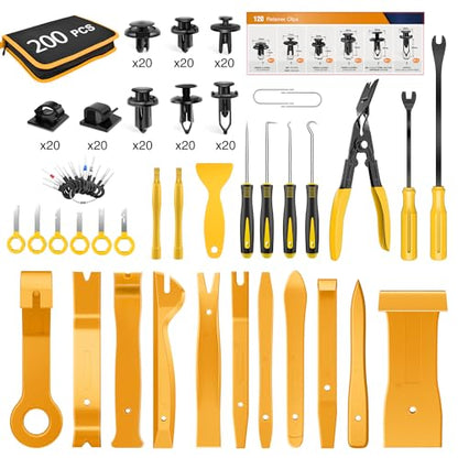 GOOACC 200Pcs Trim Removal Tool, Auto Push Pin Bumper Retainer Clip Set Fastener Terminal Remover Tool Adhesive Cable Clips Round Handle Crowbar Kit Car Panel Radio Removal Auto Clip Pliers, Yellow - color: 200Pcs Clips Removal Kit Yellow