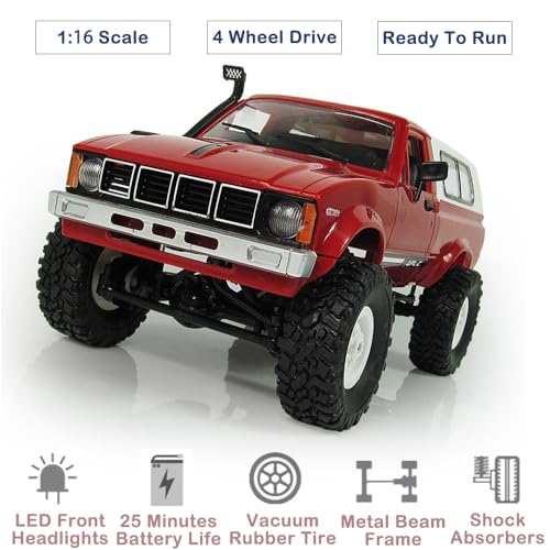 RC Truck 1/16 RC Rock Crawler, WPL C24 4x4 RC Pickup Truck, 2.4GHz Remote Control Car, All Terrain Off Road RC Climbing Car with Headlights and 2 Batteries for Adults (Red) - color: Red