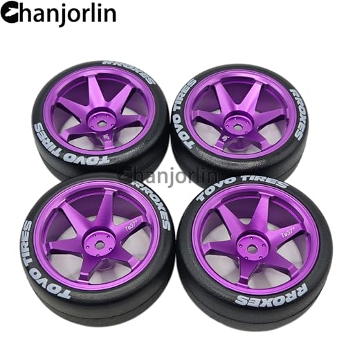 RC 1/10 Drift Tires & Aluminum Wheels 12mm Hex OD 65mm Hard Drift Racing Smooth Tyres for 1:10 1/12 Rally Street On Road Touring Car TT01 TT02 XV02 XV01 TA06 HPI KYOSHO PTG2 4PCS (Purple) - color: Purple