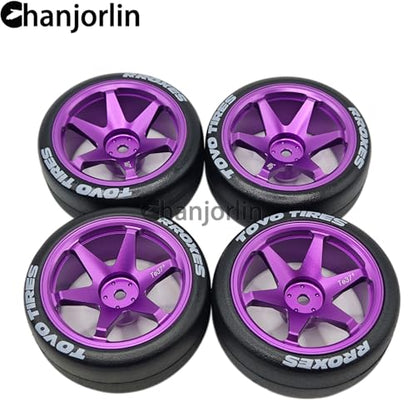 RC 1/10 Drift Tires & Aluminum Wheels 12mm Hex OD 65mm Hard Drift Racing Smooth Tyres for 1:10 1/12 Rally Street On Road Touring Car TT01 TT02 XV02 XV01 TA06 HPI KYOSHO PTG2 4PCS (Purple) - color: Purple