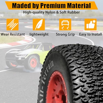 1/10 RC Short Course Truck Tire and Wheel - 12mm/17mm Hex, Red | All-Terrain Tires and Nylon Wheels Compatible with 1/10 Traxxas Slash 4WD 2WD Arrma Senton Axial Losi Redcat RC Buggy, 4-Pack - color: Red