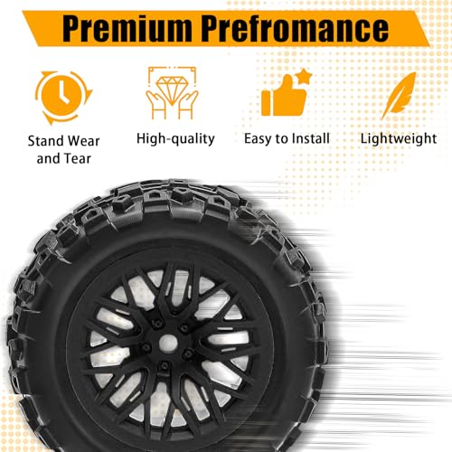 Pre-Glued 1/16 & 1/18 RC Monster Truck Rubber Tire & Nylon Wheel - 12mm Hex | Rubber Tires with Foam Fits for ARRMA 1/18 Granite/Typhon Grom, WLtoys A949, MJX Hyper Go H16 (4PCS, Black) - color: Black