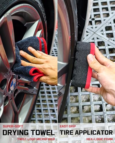 8PCS Wheel Cleaning Kit with Microfiber Brush & Rubber Grip Tire Brush, Twist Loop Drying Towel, Detailing Brush, Applicator for Car Rim and Tire Care - color: Red & Black