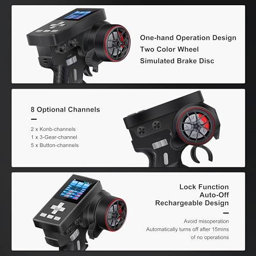 MEUS RACING ME-8B RC Transmitter 6 Channels 2.4GHz and Receiver for 1/8 1/10 1/18 1/24 1/30 RC Crawler Car Boat TRX4 TRX4M SCX10 SCX24 SCX30 Upgrades Parts (with 04B Receiver, Black) - color: With 04b Receiver, Black