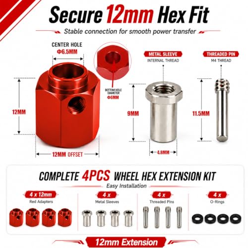 4PCS 12mm Hex Hub 12mm Offset Wheel Hex Extension for Traxxas TRX4 TRX6 | CNC Metal Wheel Spacer for RC Crawlers Helps Increase Track Width and Side-Hill Stability Reduce Vibration Add Tire Clearance - color: red