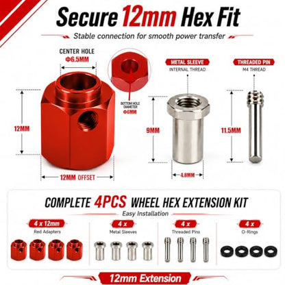 4PCS 12mm Hex Hub 12mm Offset Wheel Hex Extension for Traxxas TRX4 TRX6 | CNC Metal Wheel Spacer for RC Crawlers Helps Increase Track Width and Side-Hill Stability Reduce Vibration Add Tire Clearance - color: red