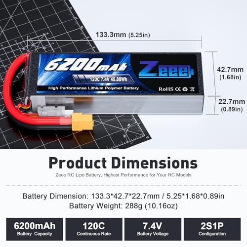 Zeee 2S 6200mAh Lipo Battery 7.4V 120C with XT60 Connector (2 Pack) | Soft Case RC Car Battery for RC Vehicles RC Truck Tank Truggy Boat Racing Hobby Models