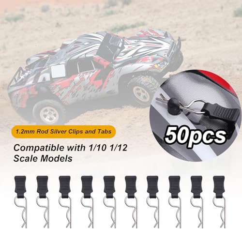 50 Pieces HobbyPark Universal RC Body Clips w/Pull Tabs Car Clips R Clips for All 1/10 1/12 Scale Redcat HPI HSP Exceed RC Car Parts Truck Buggy Shell Replacement, Silver - size: 1.2mm Rod Silver Clips and Tabs
