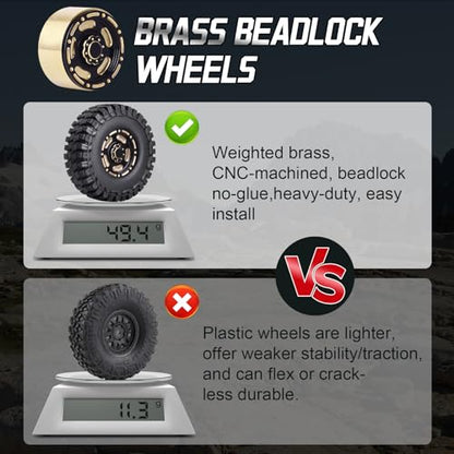 HobbyPark Brass 1.0 Beadlock Wheels & Tires for 1/18 TRX4M Upgrades Parts 1/18 SCX24 1/24 RC Crawler Replacement, Set of 4 (Type D) - style: Type D
