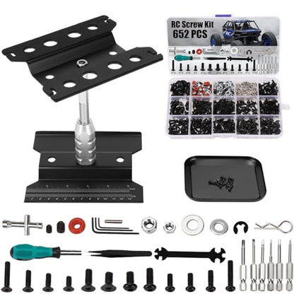 RC Car Repair Work Stand 652 PCS Screw Kit RC Repair Kit Universal RC Screw Set for Arrma Redcat Traxxas Axial HPI Losi 1/8 1/10 1/12 1/16 Scale RC Cars Trucks Crawler - style: Black RC Kit