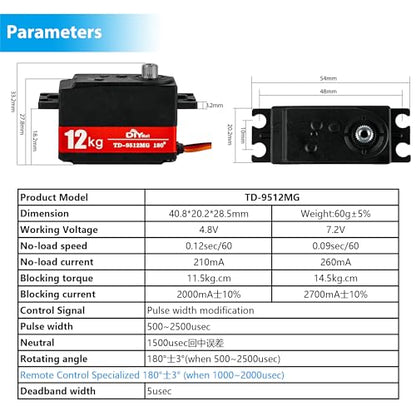 12kg Low Profile Servo 180 TD-9512MG RC Digital Servo Waterproof Full Metal Gear High Speed for 1/8 1/10 RC Car Helicopter Tail Robot (Ordinary) - size: Semi-metal 180°