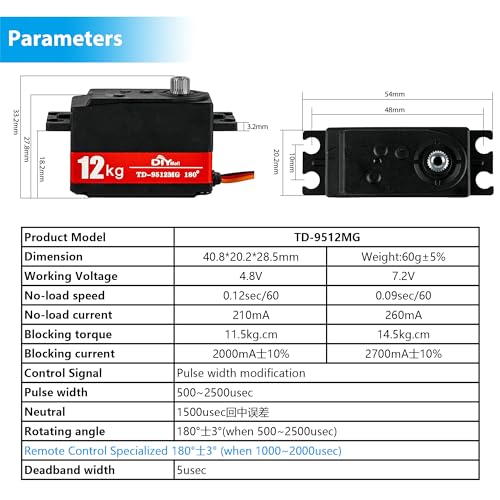 12kg Low Profile Servo 180 TD-9512MG RC Digital Servo Waterproof Full Metal Gear High Speed 1000-2000ues for 1/8 1/10 RC Car Helicopter Tail Robot (Remote Control) - size: Semi-metal 180°-remote