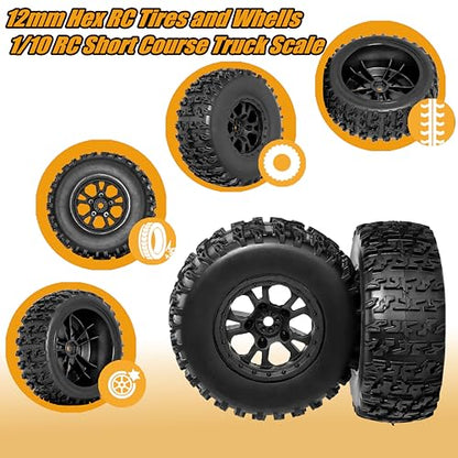 RC Station 12mm Hex RC Wheels and Tires 4PCS 1/10 Scale RC Short Course Truck for 4x4 2WD Traxxas Slash Preglued