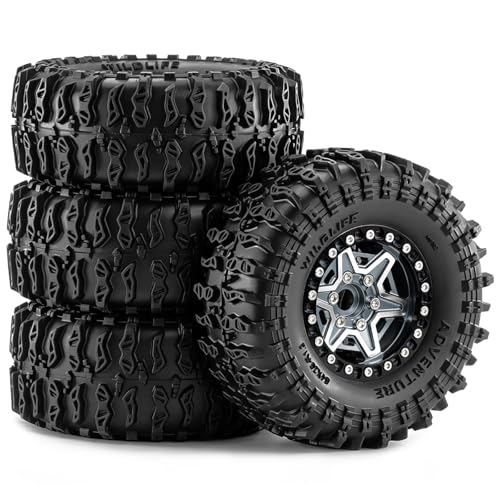 1.3" Beadlock Wheels and Tires 64mm (2.52in) for SCX24 TRX4M 1/18 1/24 RC Crawlers – Aluminum Rims, Rubber Tires with Foam Inserts, Easy-Install Upgrade Parts (Titanium) - color: Titanium 311