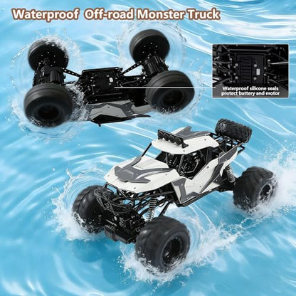 1:8 Large Amphibious RC Car for Kids 3+, Large 4WD Monster Truck | Water & Land Driving, LED Lights, 2.4GHz Control up to 260 FT, Rechargeable Waterproof All-Terrain Outdoor Gift
