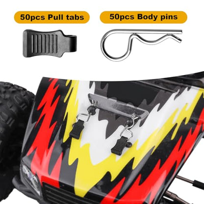 HobbyPark 50pcs Universal RC Car Body Clips w/Pull Tabs R Pins for 1/10 Scale Traxxas Arrma Axial Losi & 1/8 Redcat HPI HSP Exceed Truck Buggy Shell Replacement Parts - size: 1.4mm Rod Silver Clips and Tabs