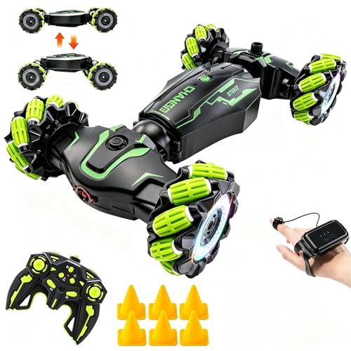 Remote Control Car for Boys, 4WD Gesture Sensing RC Stunt Car with Cool Music Light, 360° Rotating Flips Off-Road Vehicle Twist Car Toys for Kids Age 6-12 (Green) - color: L-green